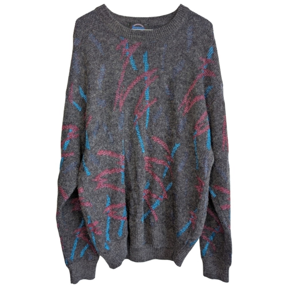 Vintage Jantzen Men's Large Oversized Gray Pink Blue‎ Knit Sweater
